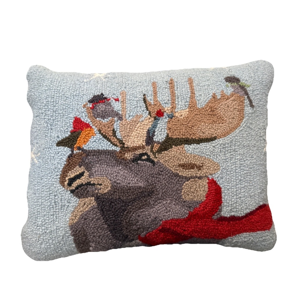 Grandin Road Moose Winter Wonderland Hooked‎ Wool Pillow Holiday Accent 14x18